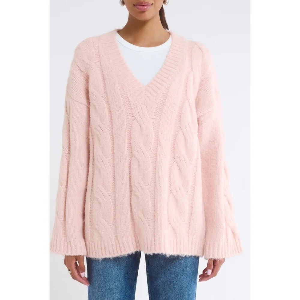 Rumored Whistler V-Neck Sweater Petal Pink Cable Knit Oversized Pullover